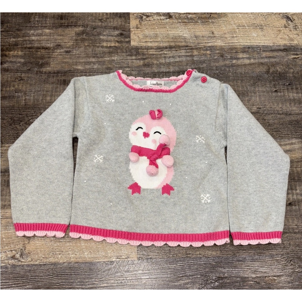 Neiman Marcus Pink Penguin Knit Sweater Girls Size 6 Excellent